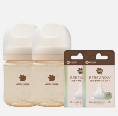 그린핑거 베베그로우 PPSU 젖병 트윈팩 크림&베이지 160ml (노꼭지)+젖꼭지 2개 세트