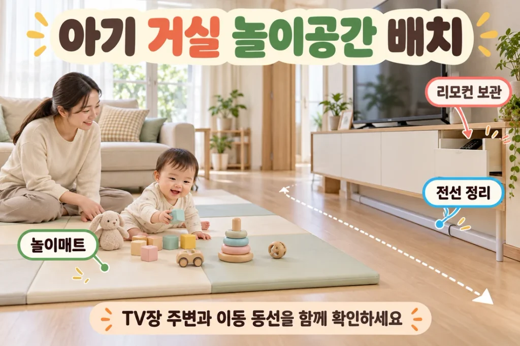 아기 거실 놀이공간 배치, 놀이매트·TV장·리모컨·전선 정리 순서