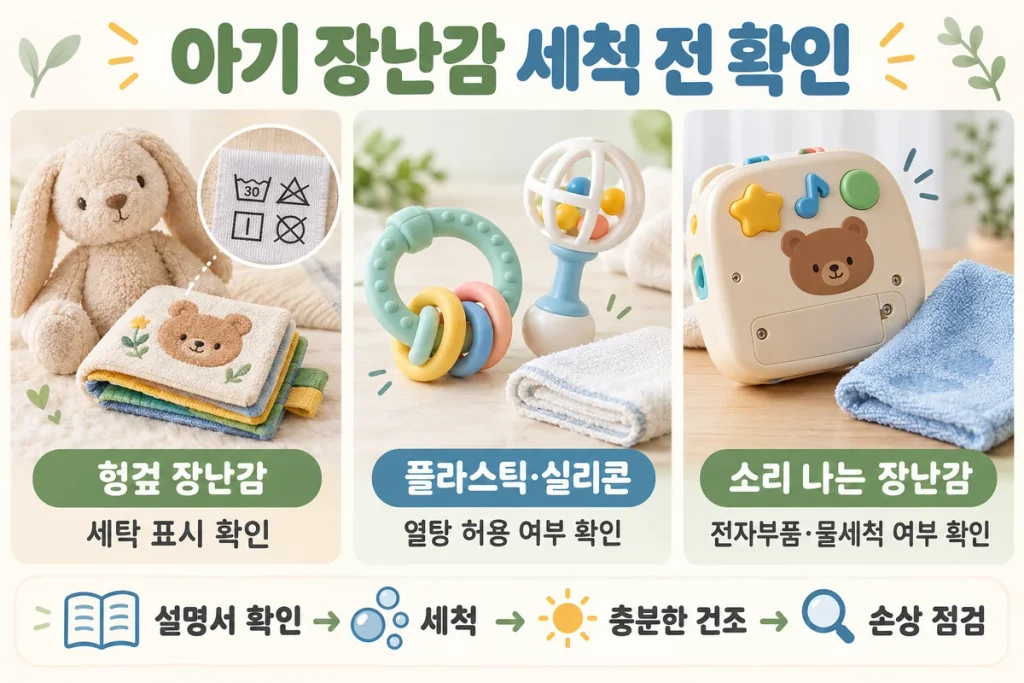 아기 장난감 세척 전 확인할 것, 헝겊·플라스틱·소리 나는 장난감 관리 기준