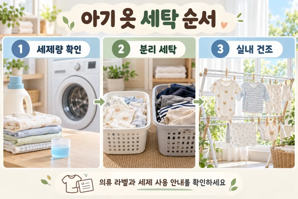 아기 옷 세탁 방법, 세제량·분리 세탁·실내 건조 순서