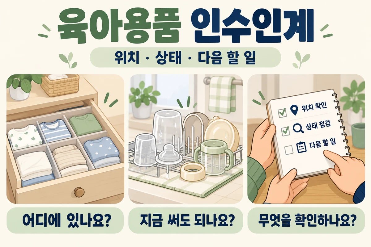 육아용품 인수인계 시 보관 위치, 사용 가능한 상태, 다음에 확인할 일을 공유하는 안내